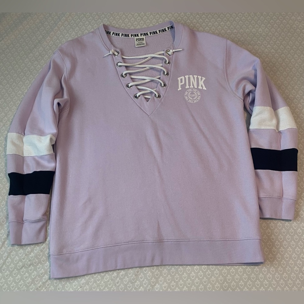 Pink Victorias Secret Lace Up Varsity Sweatshirt